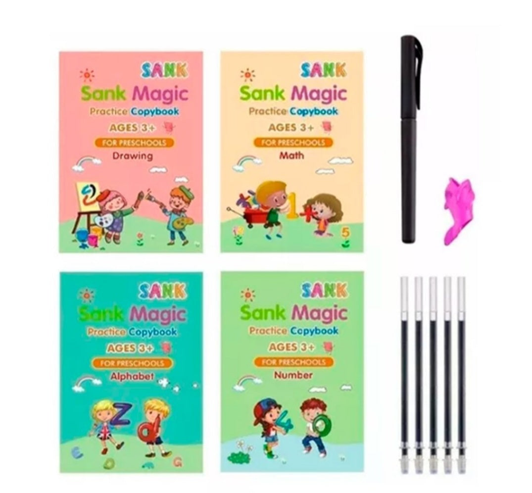 Set Sank Magic® - 4 Cuadernos Mágicos de Caligrafia Montessori | + de regalo Bolígrafo + 10 recargas de tinta